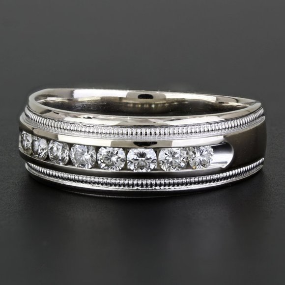 14k White Gold Milgrain Diamond Wedding Band Ring by Tessler + Weiss - Picture 1 of 9